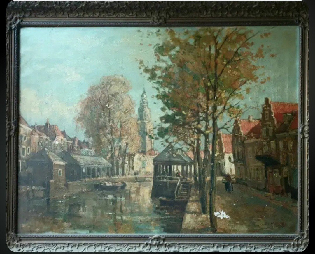 Olieverfschilderij van de Gouwe met visbanken in GOUDA, Antiek en Kunst, Ophalen, Doek, Olieverf, Klassiek