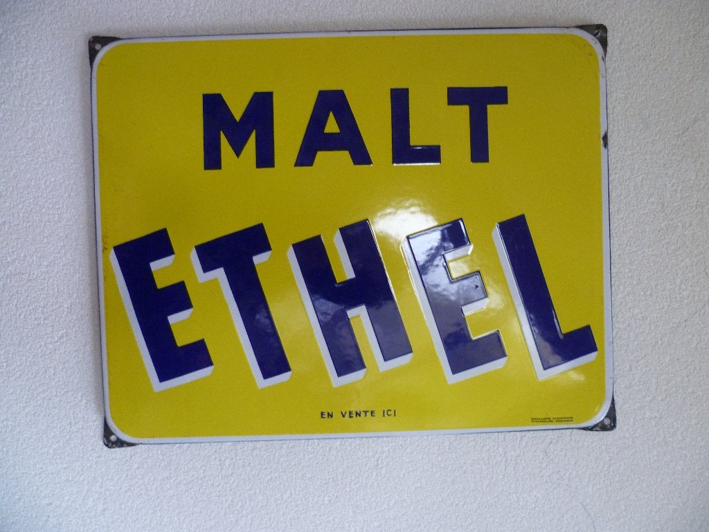 EMAILLE RECLAMEBORD"MALT ETHEL EN VENTE ICI"EAS JAREN 50/60, Ophalen of Verzenden, Gebruikt, Reclamebord