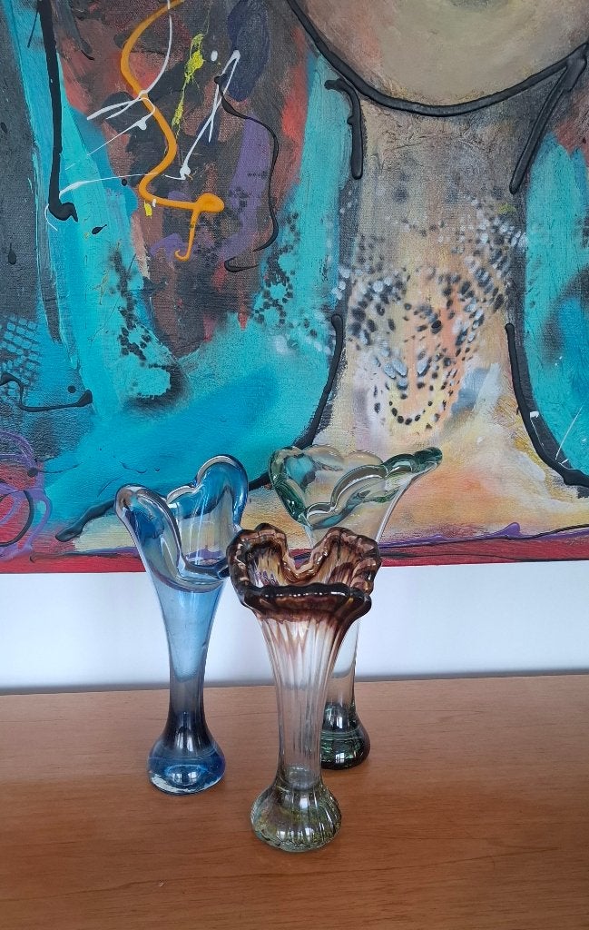 Set van 3 prachtige vintage vazen, Ophalen of Verzenden, Gebruikt, Meerkleurig, Glas
