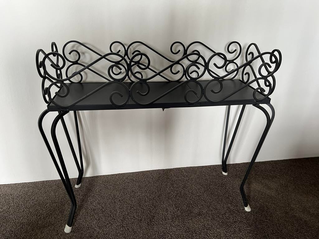 Planten tafeltje / sidetable vintage met Queen Ann pootjes, Metaal of Aluminium, 55 tot 75 cm, Zo goed als nieuw, Rechthoekig