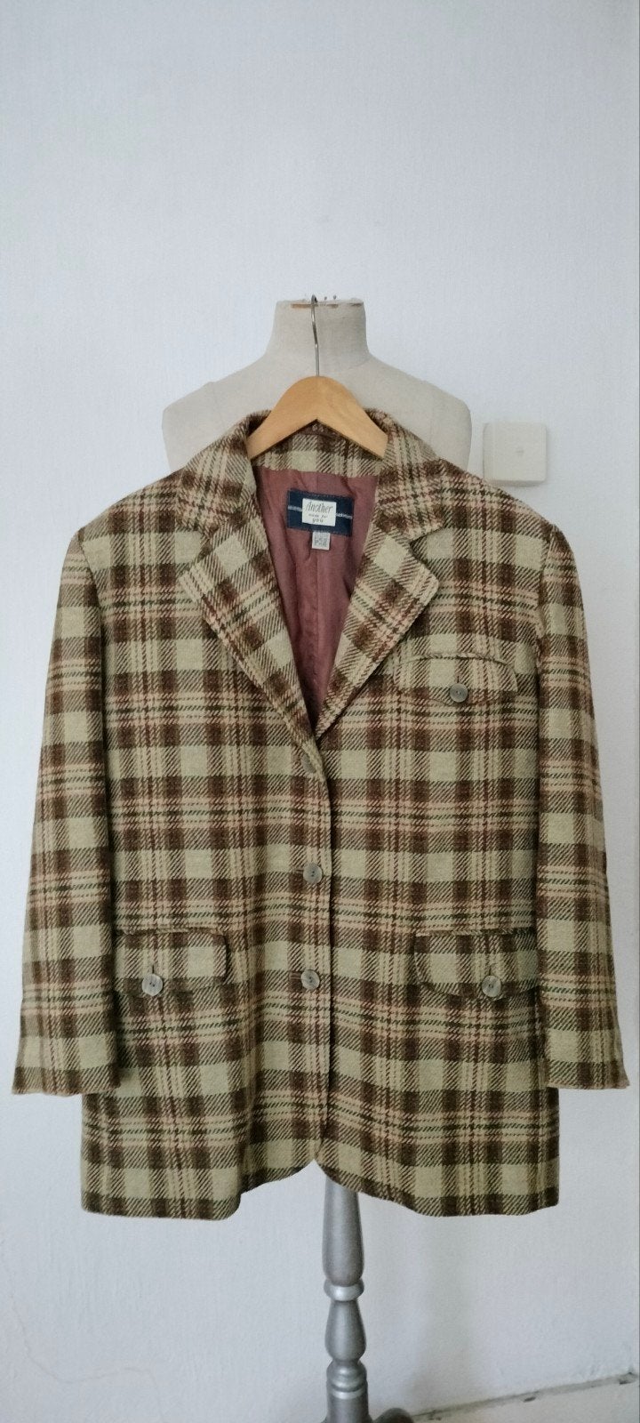 Vintage Geruit Colbert Wolmix Maat 38, Maat 38/40 (M), Meerkleurig, Ophalen of Verzenden, Zo goed als nieuw