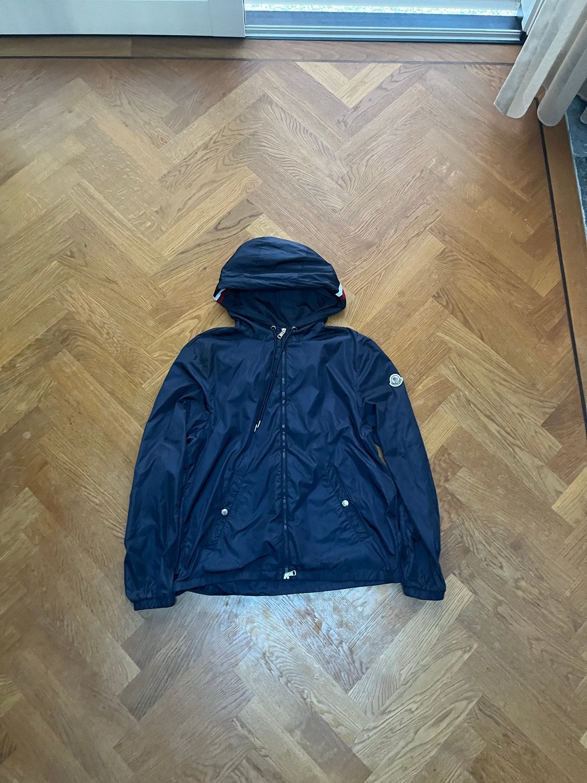 Moncler jas, Ophalen, Gedragen, Maat 52/54 (L), Blauw
