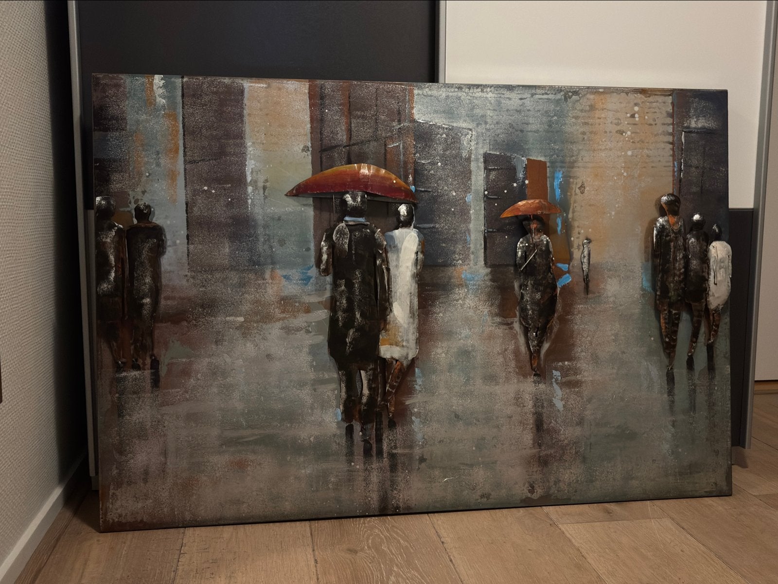 Modern schilderij met 3D-effect: Figuren in de regen, Antiek en Kunst, Kunst | Schilderijen | Modern, Ophalen, Figuren, 3D-effect