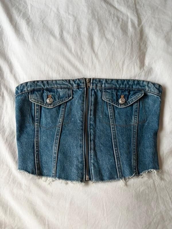Stradivarius denim bustier korset top strapless maat L jeans, Kleding | Dames, Tops, Blauw, Maat 42/44 (L), Nieuw, Ophalen of Verzenden