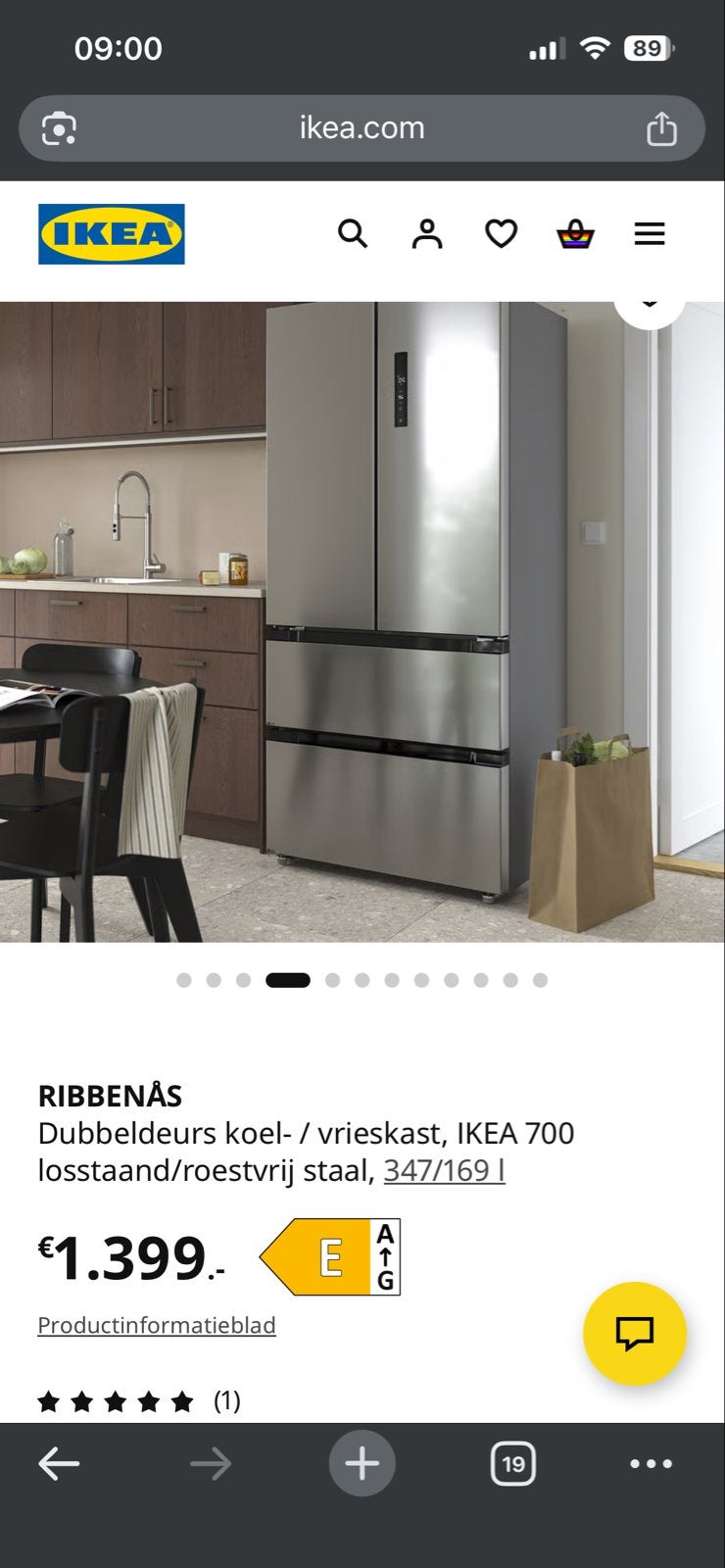 IKEA Ribbenas Amerikaanse koelkast met vriezer, Witgoed en Apparatuur, Koelkasten en IJskasten, Zo goed als nieuw, Met aparte vriezer