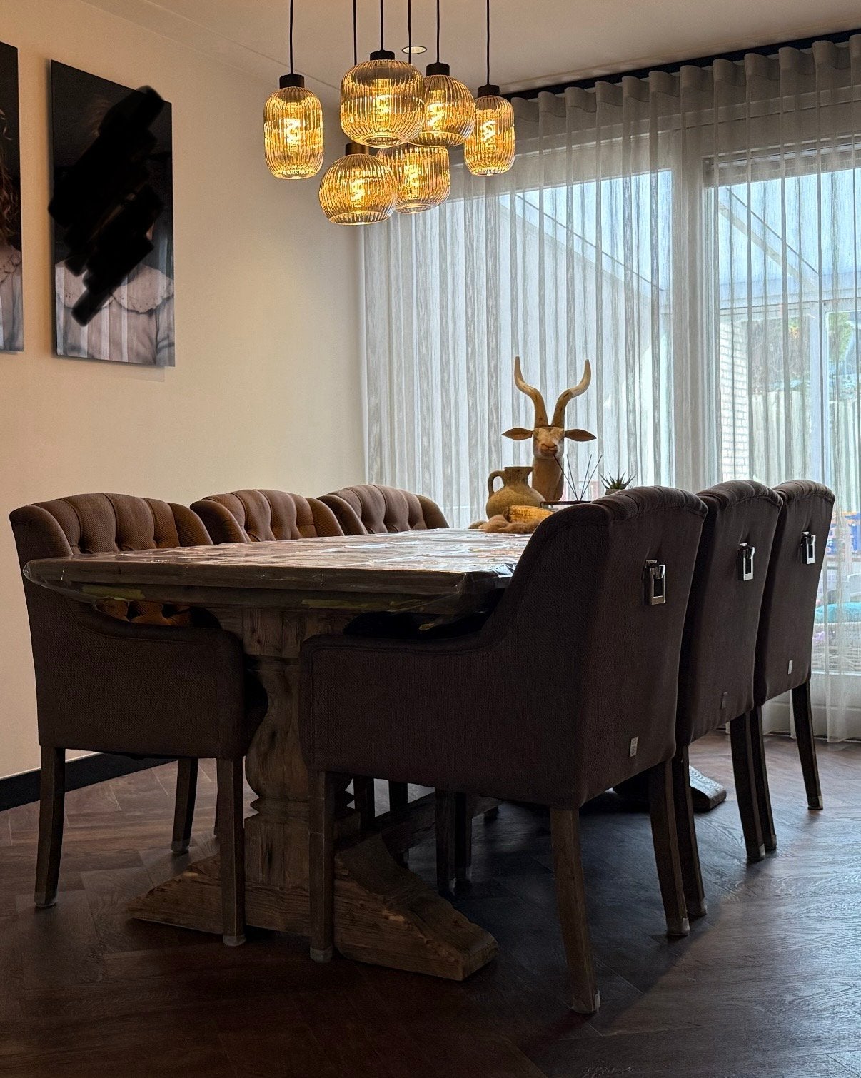 6 bruine eetkamer stoelen met armleuning, Huis en Inrichting, Complete eetkamers, Ophalen, Gebruikt, Landelijk, 4 tot 6 stoelen