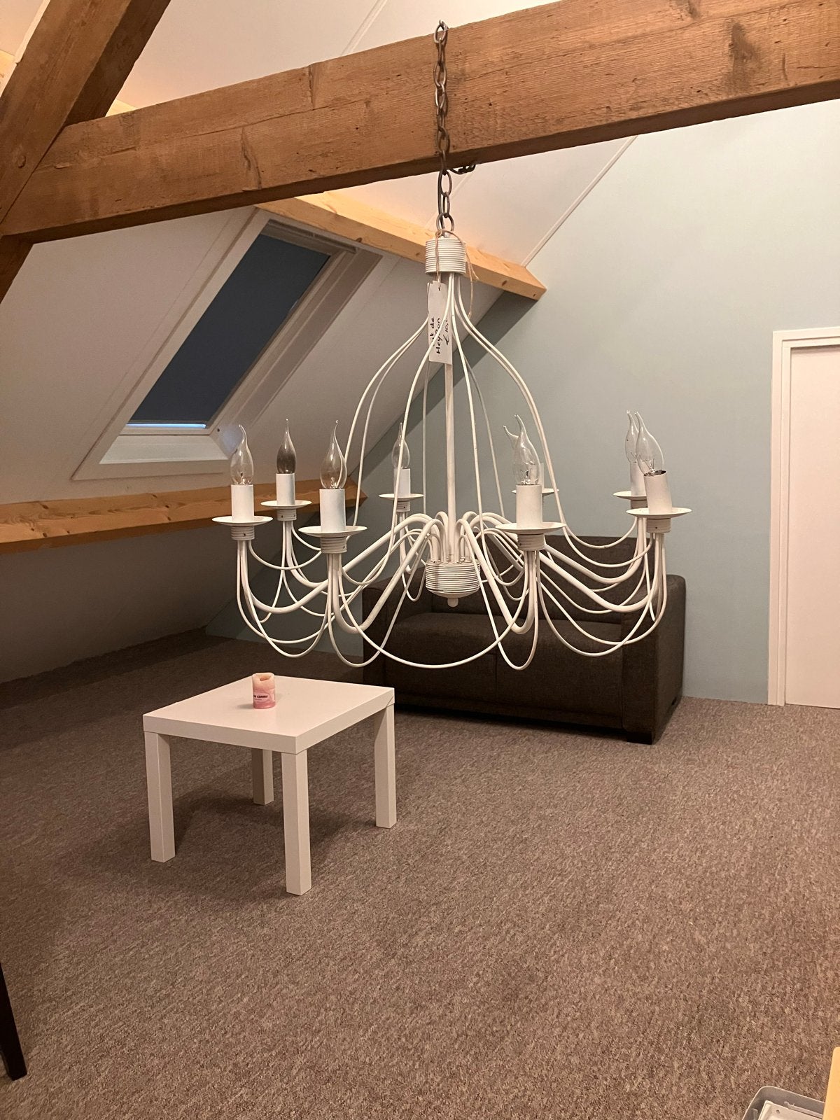 Witte metalen kroonluchter met 8 lichtpunten, Ophalen of Verzenden, Gebruikt, Metaal