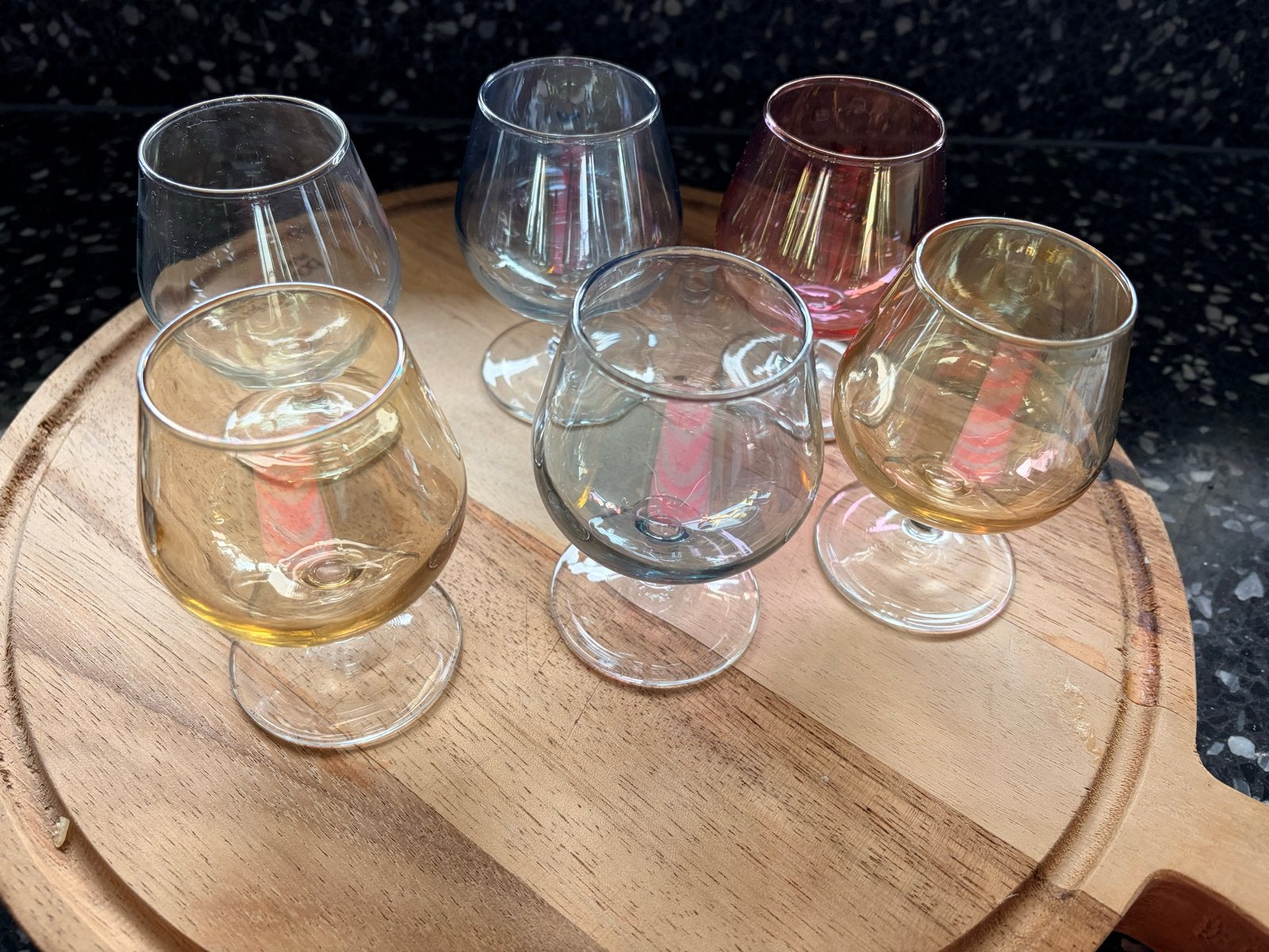 Set van 6 gekleurde vintage borrelglaasjes, Ophalen of Verzenden, Meerkleurig, Overige merken, Glas