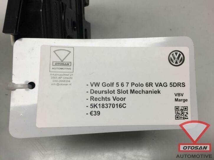 vw golf 6 polo deurslot slotmechaniek rechts voor 5k1837016c, Gebruikt, Volkswagen, Volkswagen AG, Vw@volkswagen.de