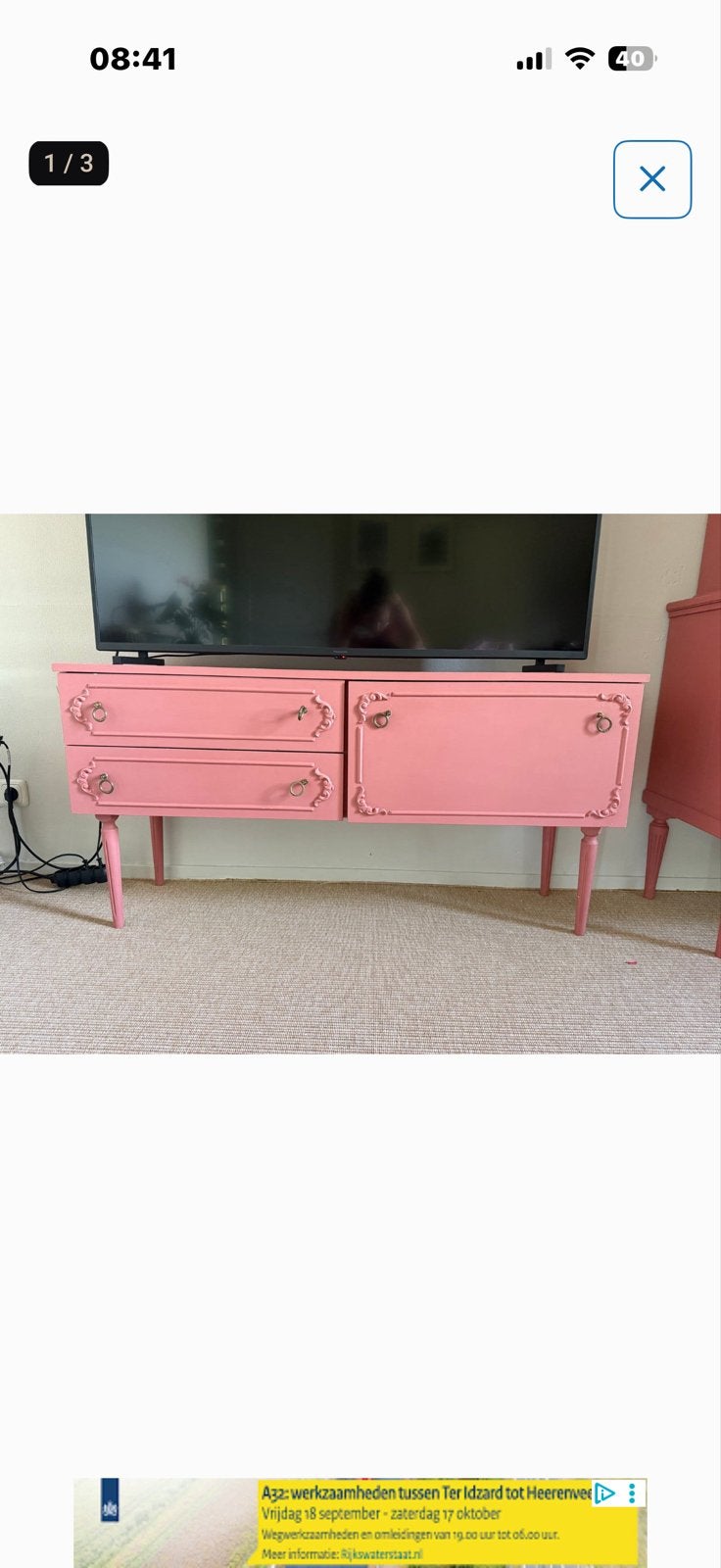 Roze dressoir/ tv kastje met lades en deurtjes, Ophalen, Gebruikt, 100 tot 150 cm, Minder dan 100 cm
