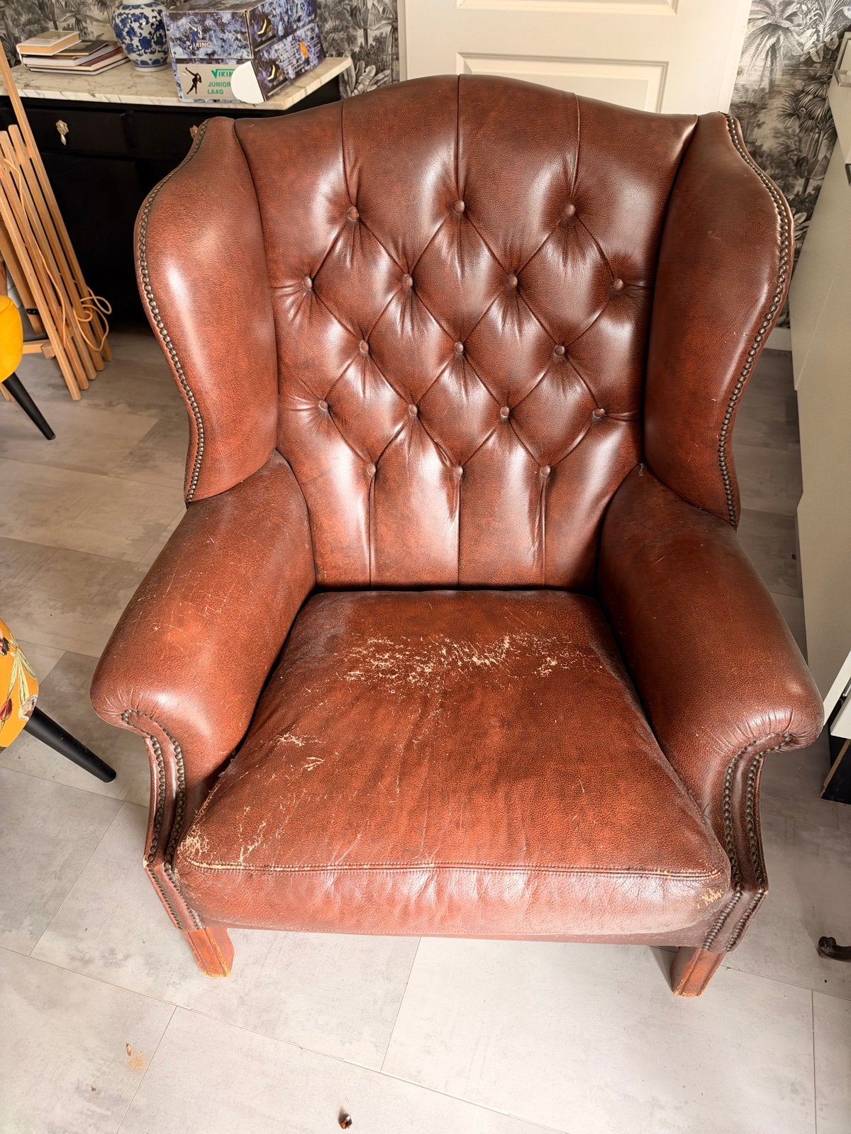 Leren oorfauteuil, Ophalen, Gebruikt, 100 tot 125 cm, Leer