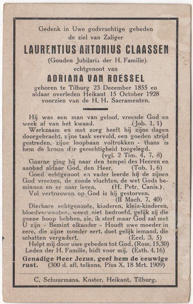 Laurentius Ant. Claassen 1855 - 1928 Tilburg, 72 jaar oud, Verzenden