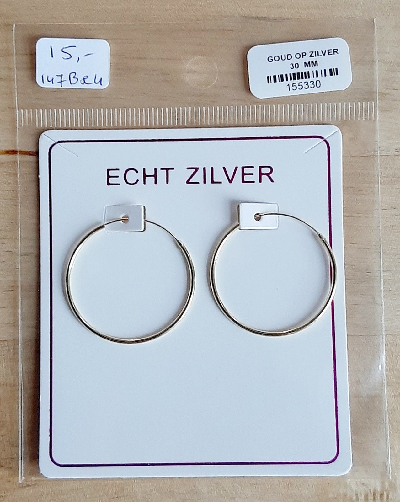 Nieuwe oorringen goud op zilver 30 mm doorsnee, Hangers, Nieuw, Ophalen of Verzenden, Goud