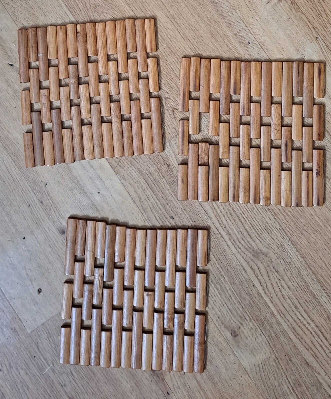 3 Vintage flexibele bamboe pannenonderzetters, Hout, Gebruikt, Onbekend, Onbekend