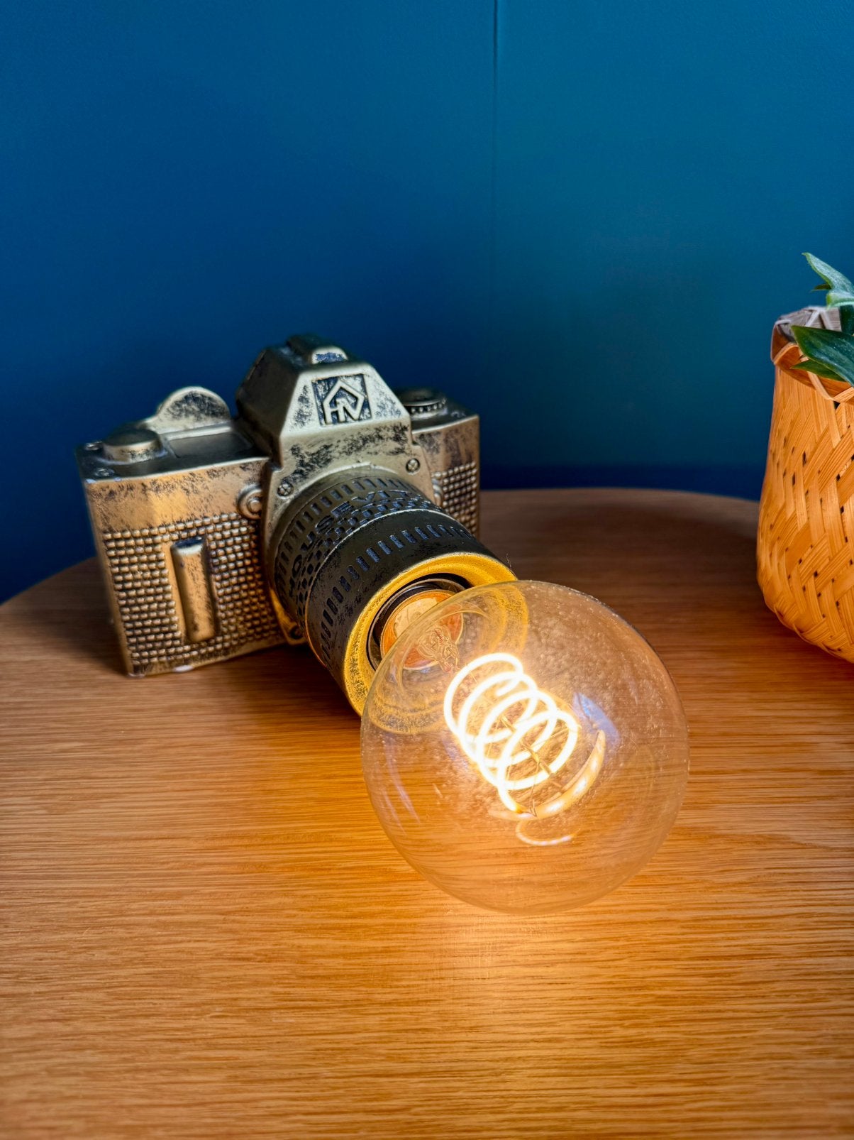 Toffe gouden fotocamera lamp!, Ophalen, Zo goed als nieuw, E27 (groot), Led-lamp
