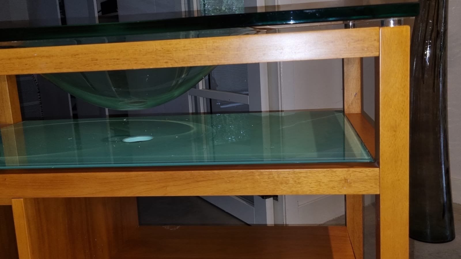 Houten wastafelmeubel met glazen waskom en blad, Gebruikt, Minder dan 100 cm, Wastafelkast, 25 tot 50 cm