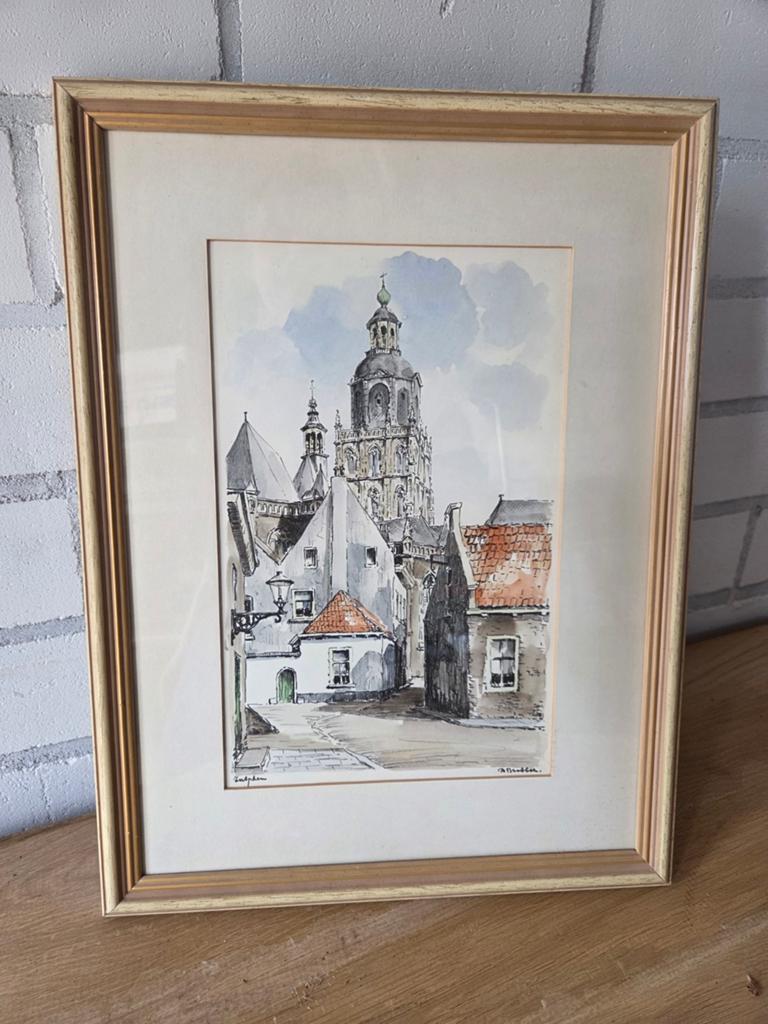 Aquarel pentekening Zutphen, Antiek en Kunst, Kunst | Tekeningen en Foto's, Ophalen of Verzenden
