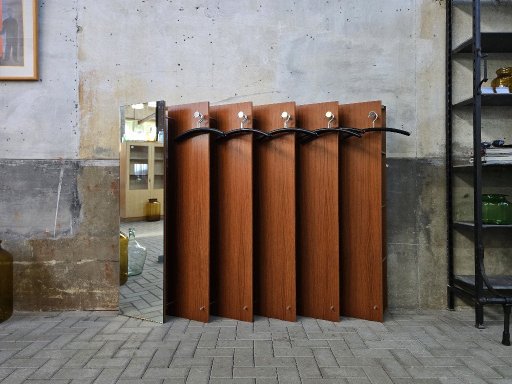 Mid Century Design Teak Kapstok Spiegel | Vintage Garderobe, Wandkapstok, Gebruikt, 100 tot 150 cm, Ophalen of Verzenden
