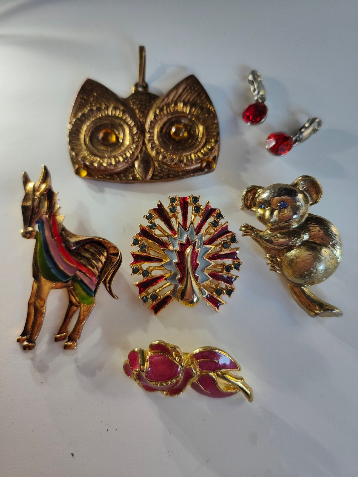 Nr17.Vintage Broches Set: Paard, Pauw, Koala, Uil en Bloem, Sieraden, Tassen en Uiterlijk, Broches, Met kristal, Overige materialen