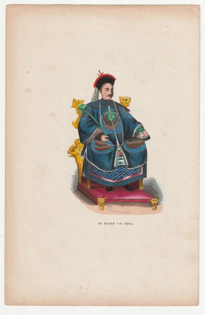 De Keyzer van China oude handgekleurde prent uit 1855, Gebruikt, Verzenden, Klederdracht, Voor 1940