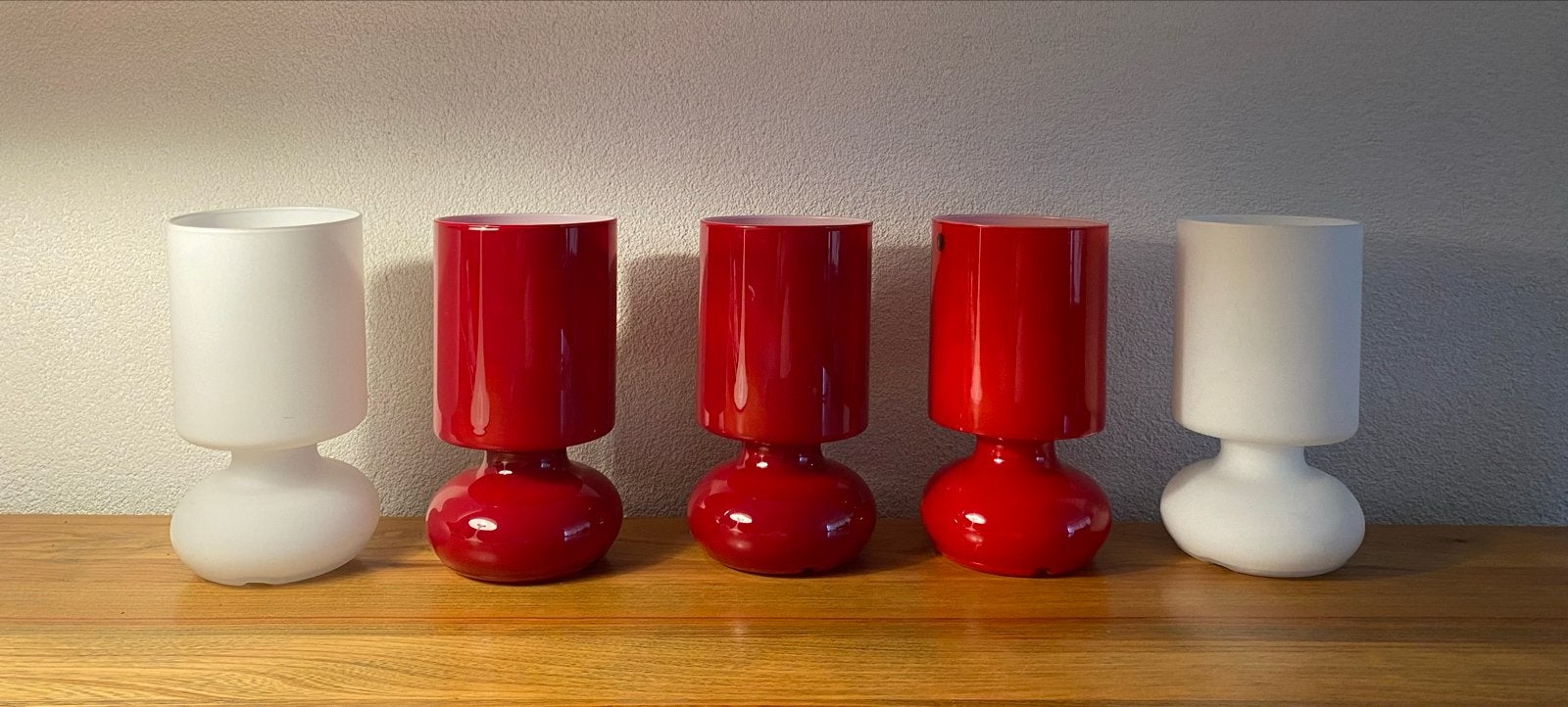 Set van 5 vintage Ikea glazen tafellampen, Met schakelaar, Gebruikt, Meerkleurig, E14 (klein)