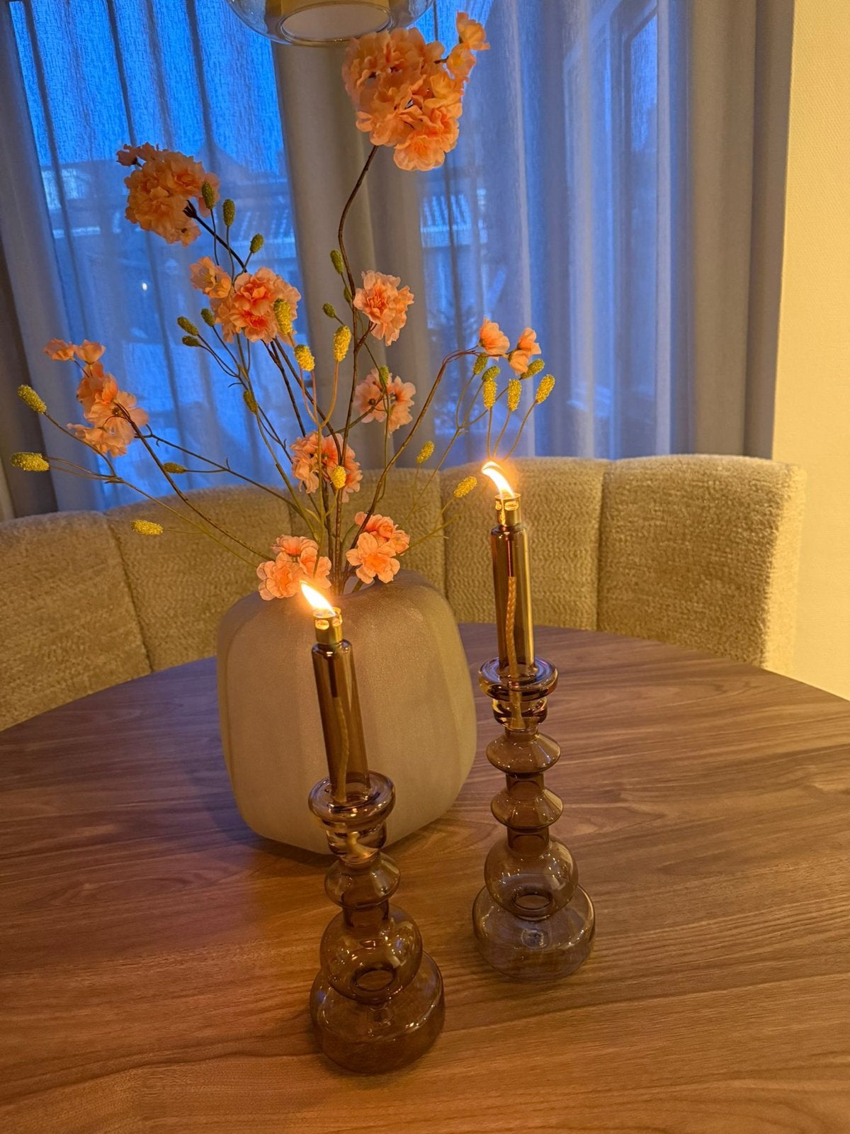 Set van 2 glazen kandelaars Peri living design olielamp, Overige materialen, Bruin, Ophalen of Verzenden, Zo goed als nieuw