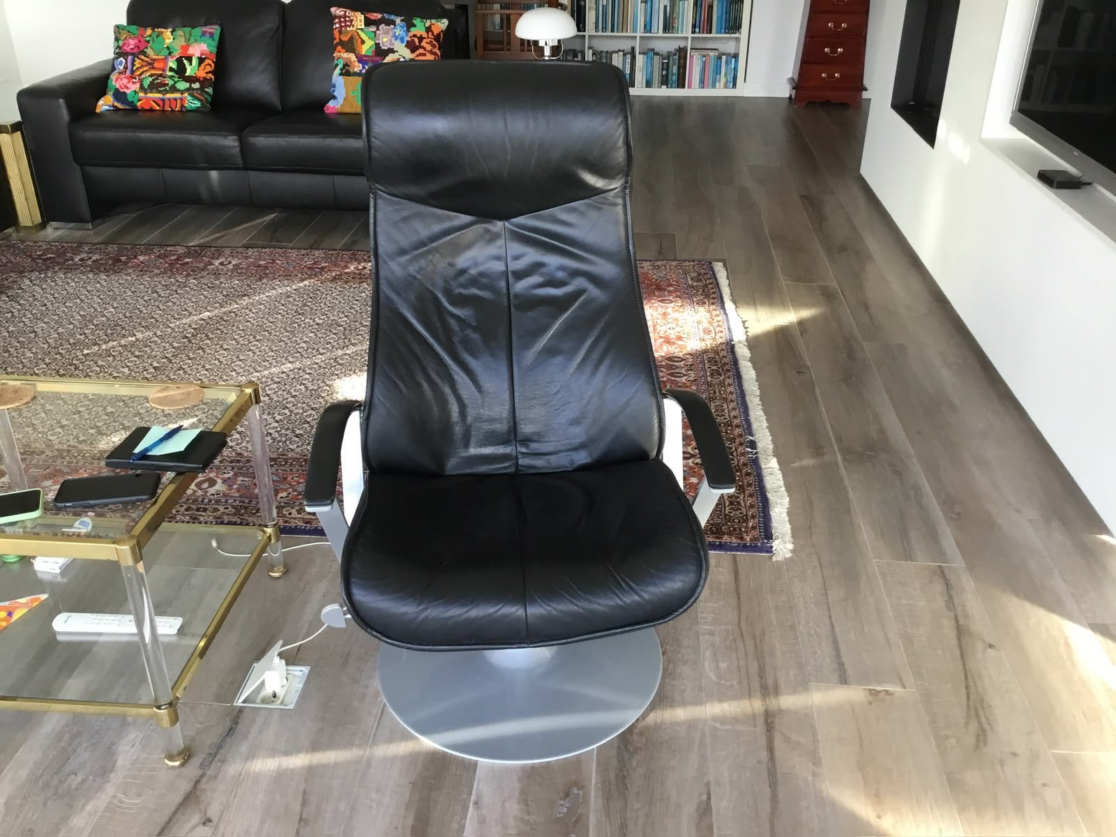 2 zwart leren draai fauteuils, Ophalen, Gebruikt, Minder dan 75 cm, Leer