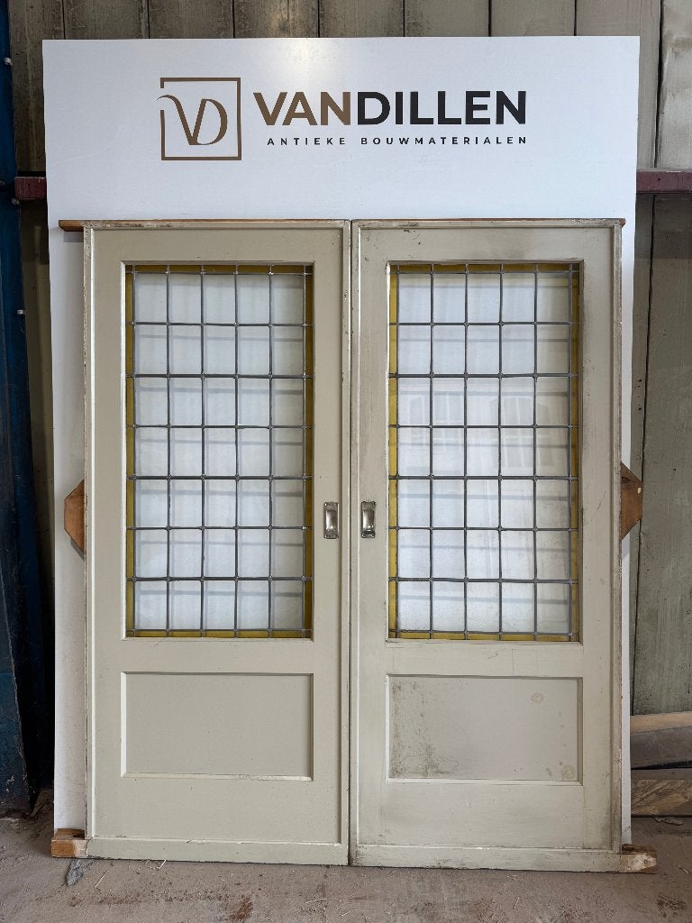 Antieke ensuite schuifdeuren glas in lood 210 x 174 cm, Gebruikt, 120 cm of meer, Binnendeur, Ophalen of Verzenden