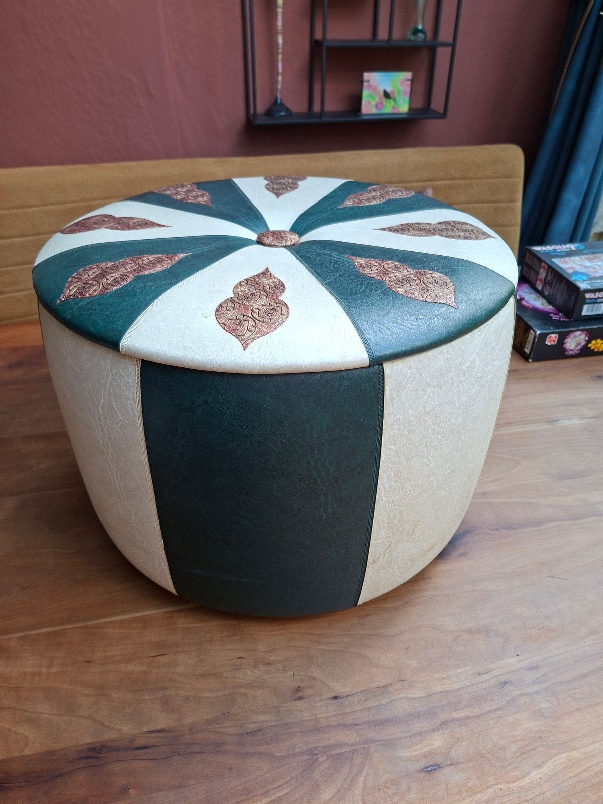 Vintage poef naaimand jaren 70 skai, Ophalen, Rond, Minder dan 50 cm, Minder dan 50 cm