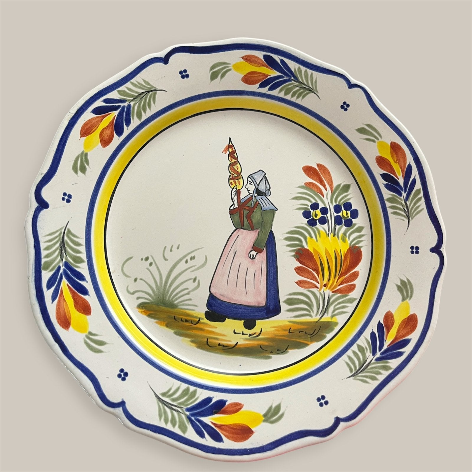 H Quimper vrolijk Frans antiek faience wandbord izgst, Verzenden