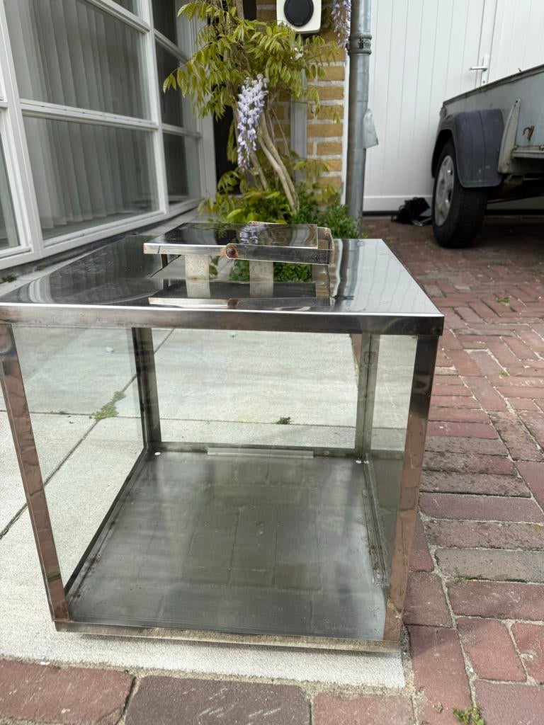 Groot zilverkleurig windlicht van staal, Gebruikt, 25 tot 50 cm, Ophalen of Verzenden, Metaal