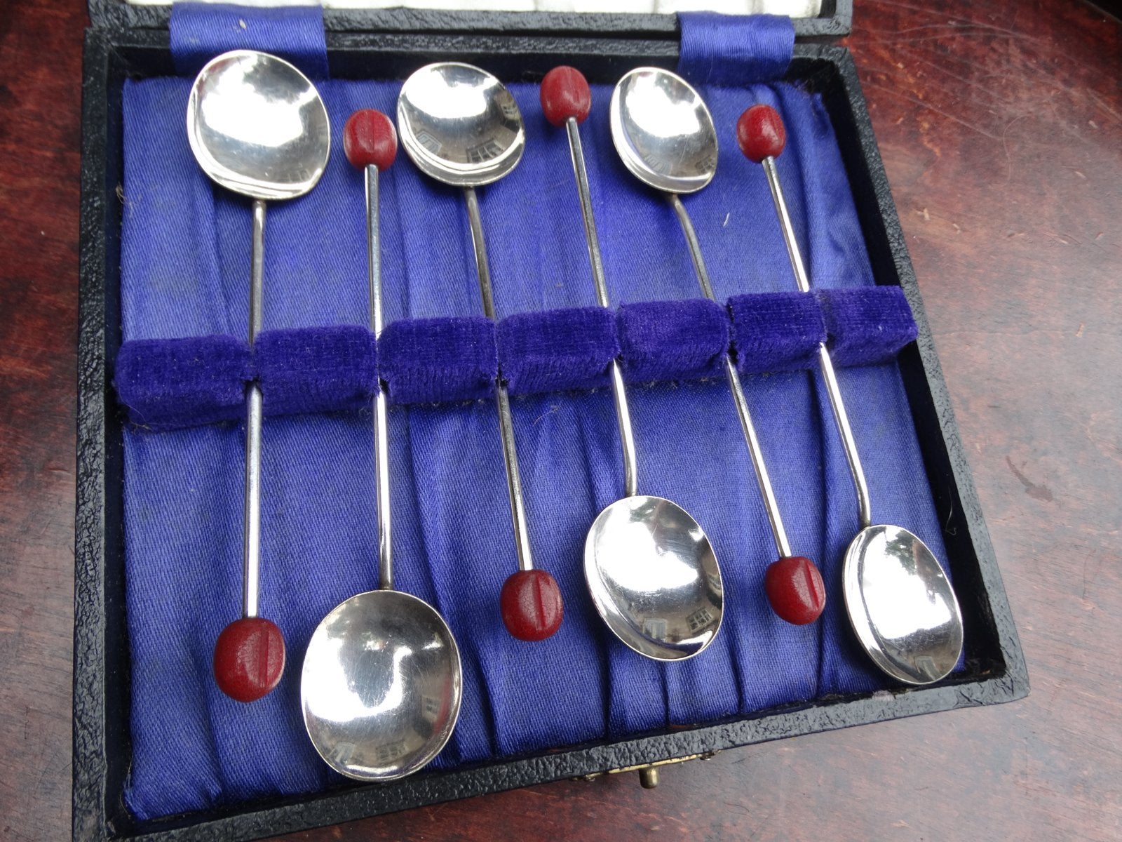 Set van 6 Engelse koffielepeltjes met koffieboontje in casse, Ophalen of Verzenden