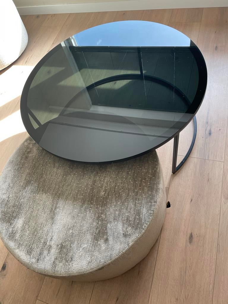 Salontafel met glazen blad en bijpassende poef, Ophalen, Gebruikt, 50 tot 100 cm, Glas