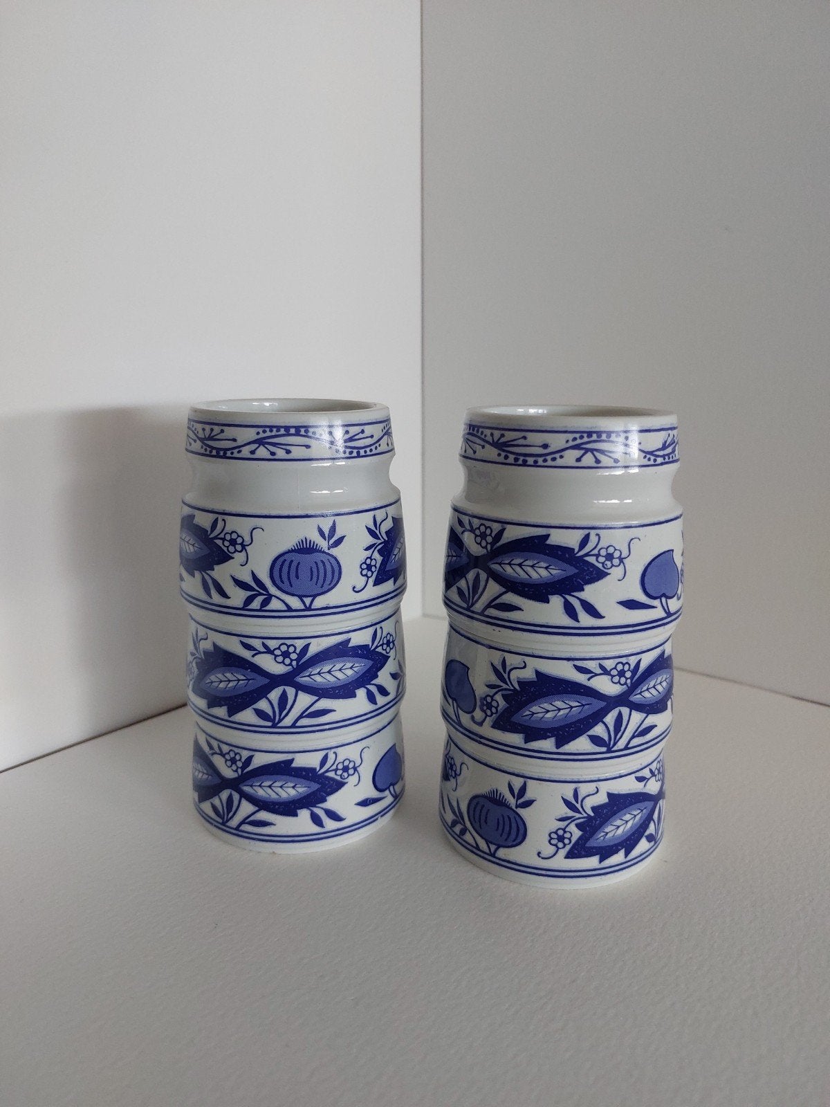 Set van zes eierdopjes blauw wit melamine, Kunststof, Gebruikt, Overige typen, Vintage