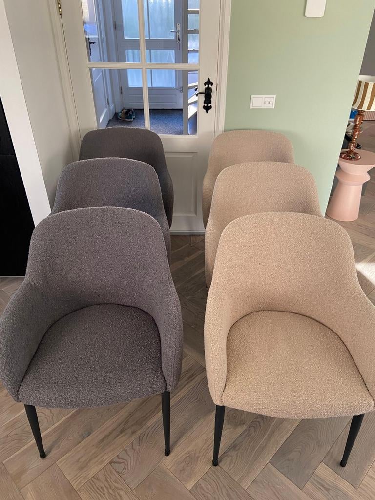 Eetkamerstoelen Bouclé stof Ted Japandi 6 stuks, Ophalen, Japandi, Gebruikt, Stof