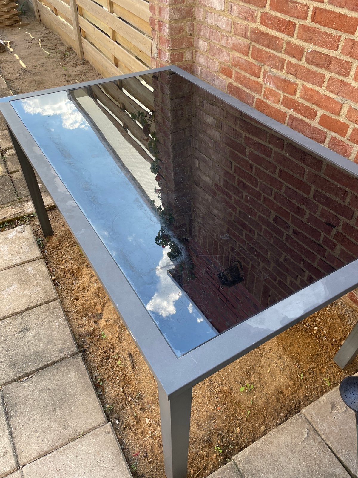 Tuintafel met glazen tafelblad/glasplaat 150x90 cm, gebruikt, Ophalen of Verzenden, Gebruikt, Rechthoekig, Aluminium