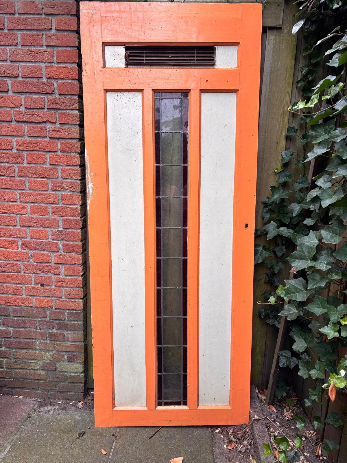 Oude houten deur met glas-in-lood en ventilatierooster, Ophalen, Gebruikt, 80 tot 100 cm, Binnendeur