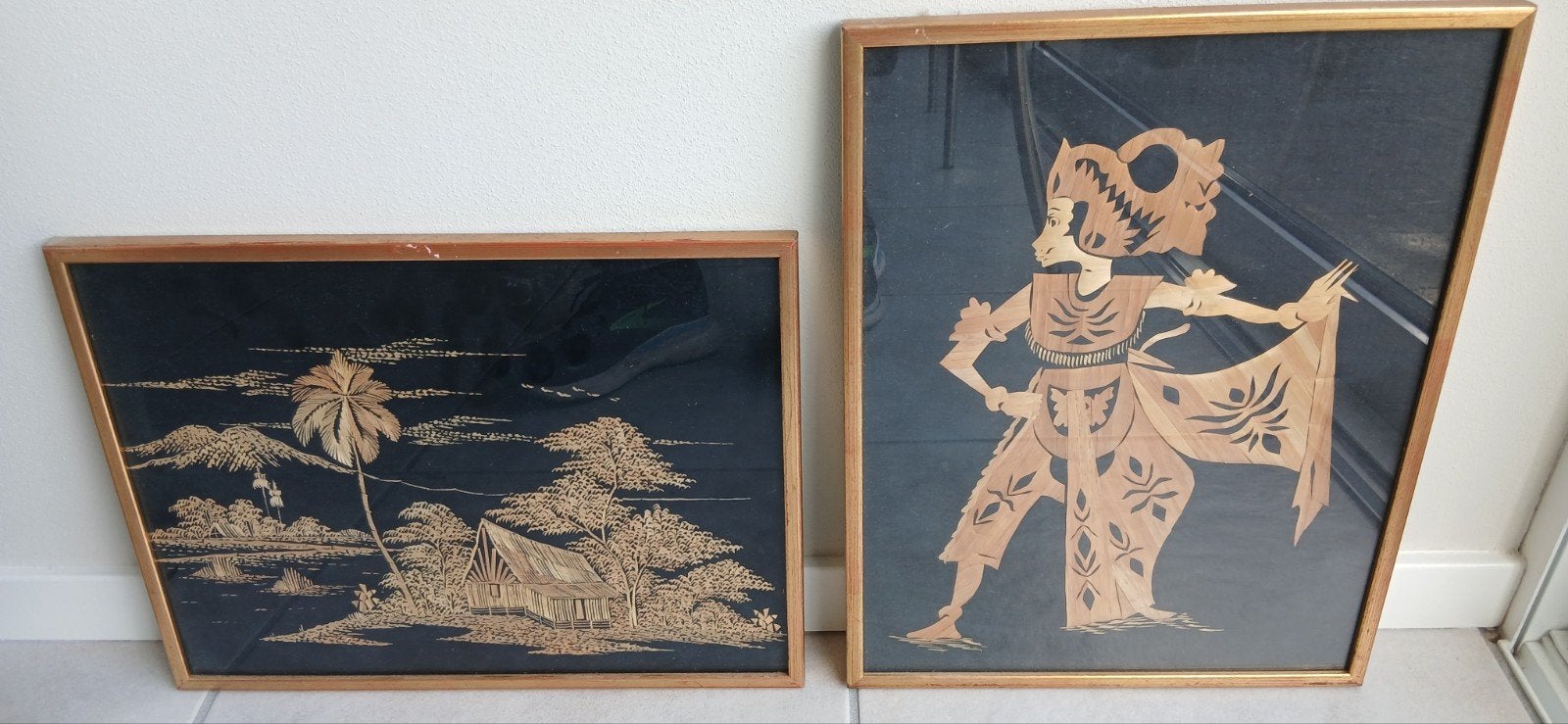 2 Rice straw schilderijen bamboe, Antiek en Kunst, Ophalen of Verzenden