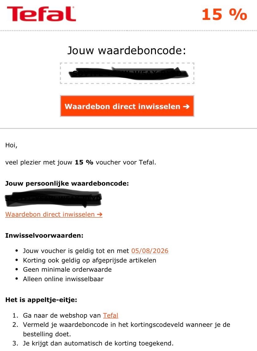 Tefal 15% korting, Eén persoon, Kortingsbon