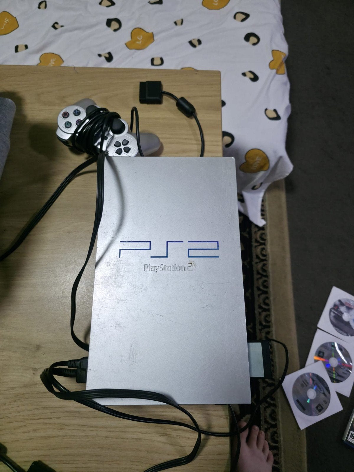 Playstation2 in silvere kleur met 2 controller en 7 spel, Ophalen, Gebruikt, Phat, Met games