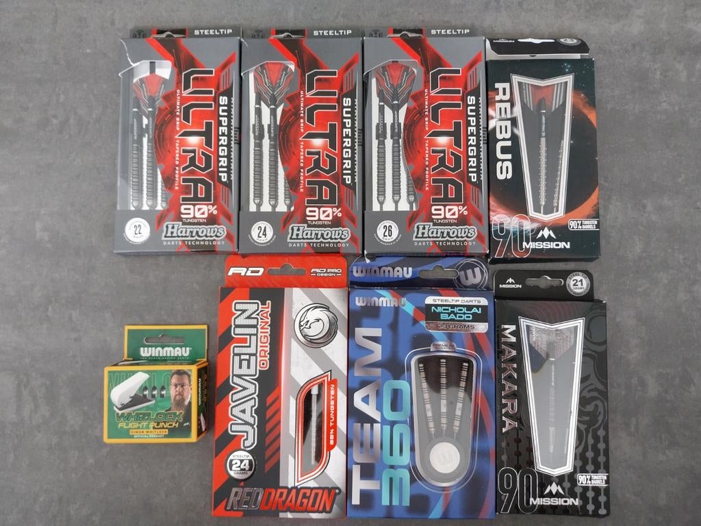 7 sets darts 21-24gr, Harrows, Mission, Red Dragon, Winmau, Ophalen of Verzenden, Gebruikt, Pijlen