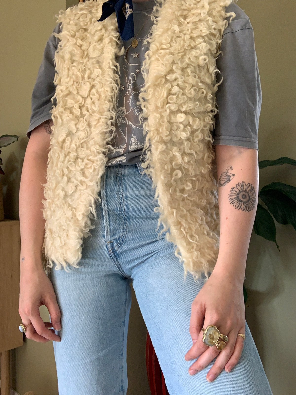 Vintage schapenwol gilet S M bohemain waistcoat, Maat 38/40 (M), -, Beige, -