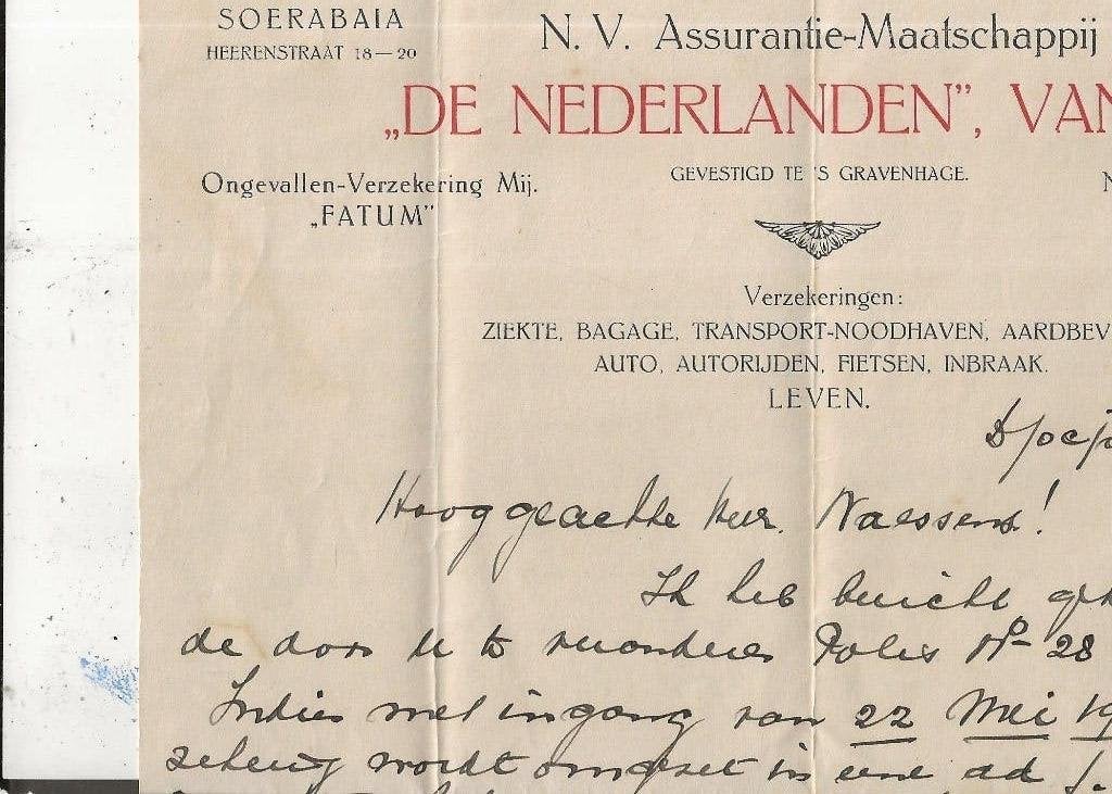 Ned Indie Soerabaia De ned v 1845 Levensverz. 19-7-1932, Ophalen of Verzenden, 1920 tot 1940, Gelopen, Buiten Europa