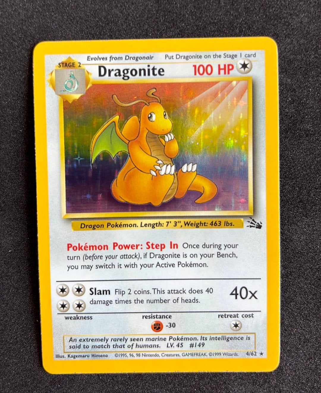 Dragonite Fossil Unlimited Holo Pokemon, Ophalen of Verzenden, Zo goed als nieuw, Losse kaart, Foil