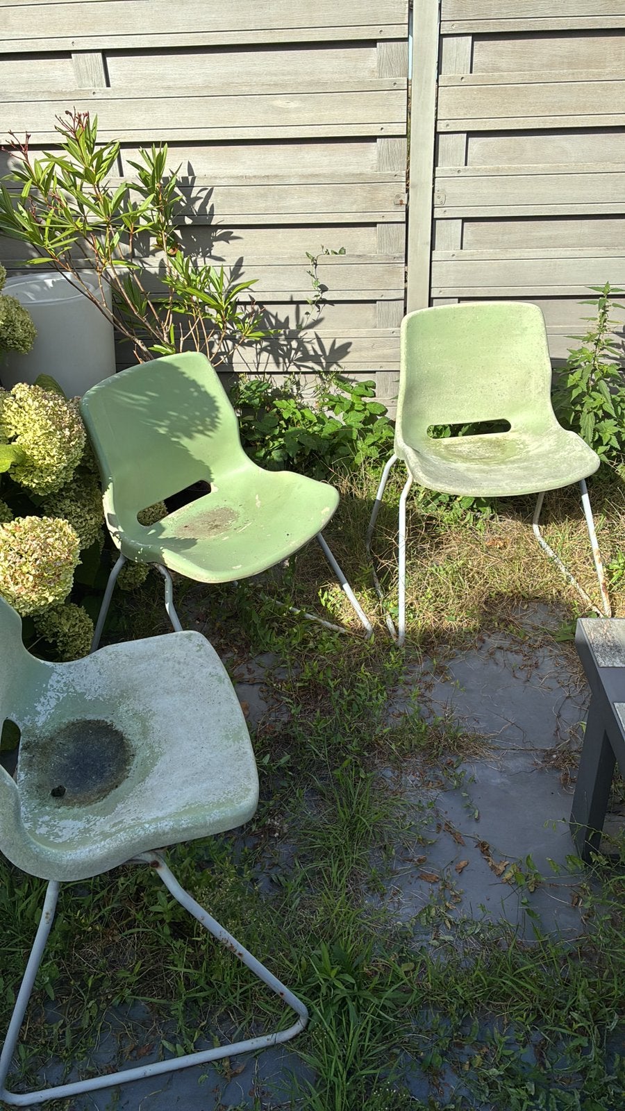 3 vintage groene kuipstoeltjes tuinstoelen, Huis en Inrichting, Overige kleuren, Drie, Ophalen of Verzenden, Kunststof