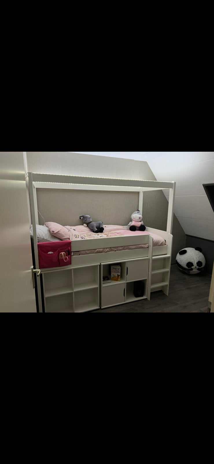 Halfhoogslaper +bedhemel met verlichting, bureau en kasten, Ophalen, Zo goed als nieuw, Halfhoogslaper