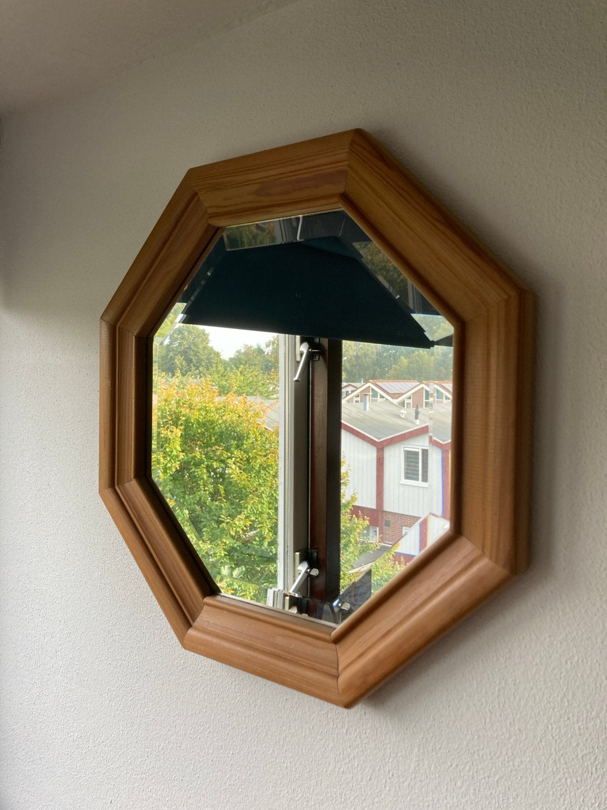 Octagonale spiegel met houten lijst, Ophalen, Zo goed als nieuw, Minder dan 100 cm, Overige vormen