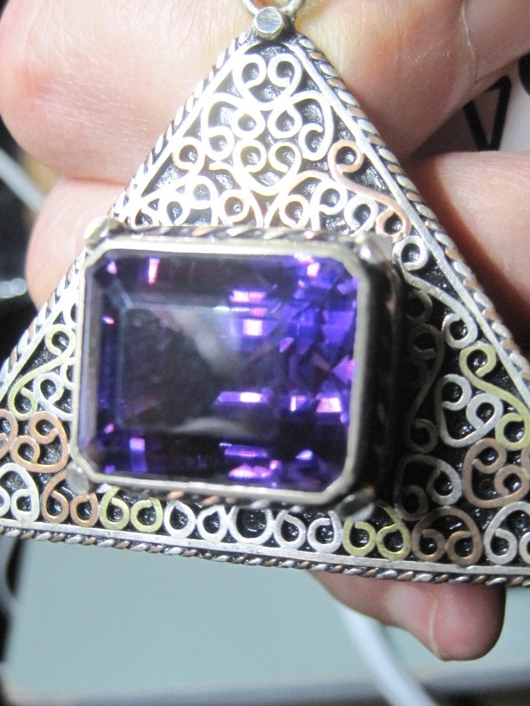 Art Deco design hanger amethist 45 karaat zeer zeldzaam, Ophalen, Zilver, Hanger, Met edelsteen
