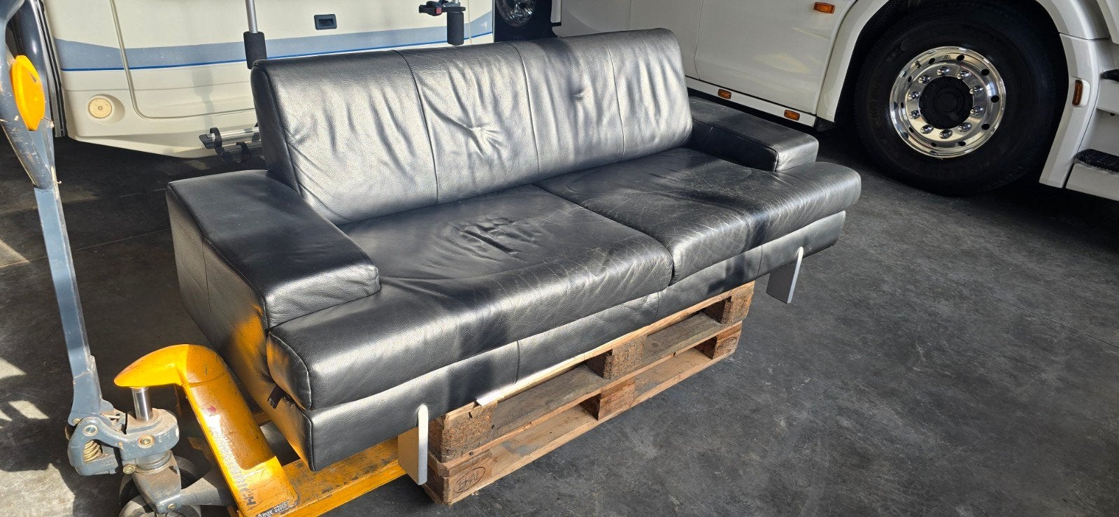 Zwarte leren Montel banken met fauteuil en poef, Ophalen, Gebruikt, 150 tot 200 cm, Tweepersoons