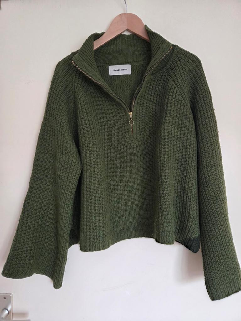 Femmes du Sud Groene Trui met Rits - 100% Merino Wol, Femmes du Sud, Maat 46/48 (XL) of groter, Ophalen of Verzenden, Zo goed als nieuw